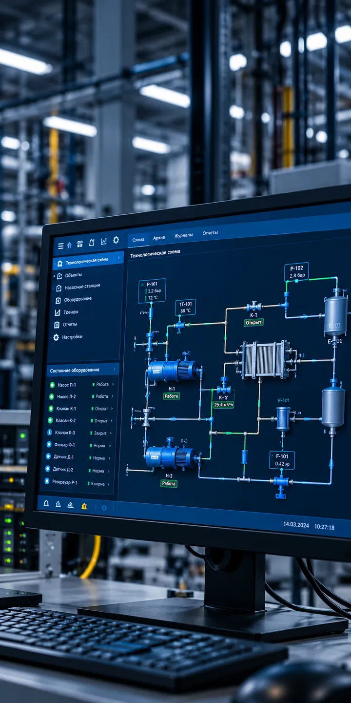 Монитор с мнемосхемой промышленного процесса в SCADA